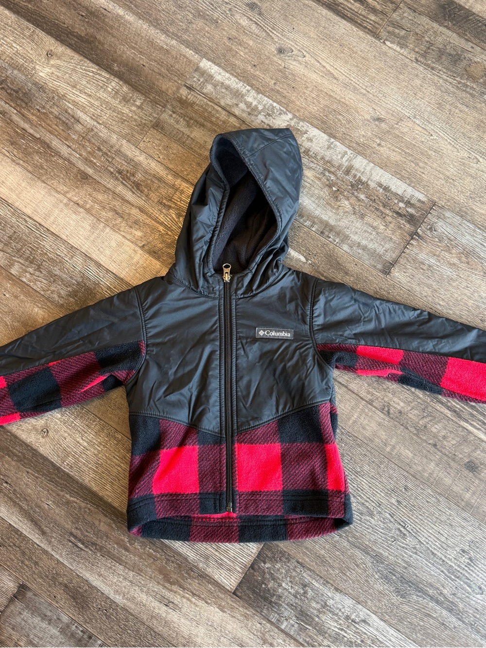 Columbia Black Jacket with Red and Black Buffalo Plaid Panels